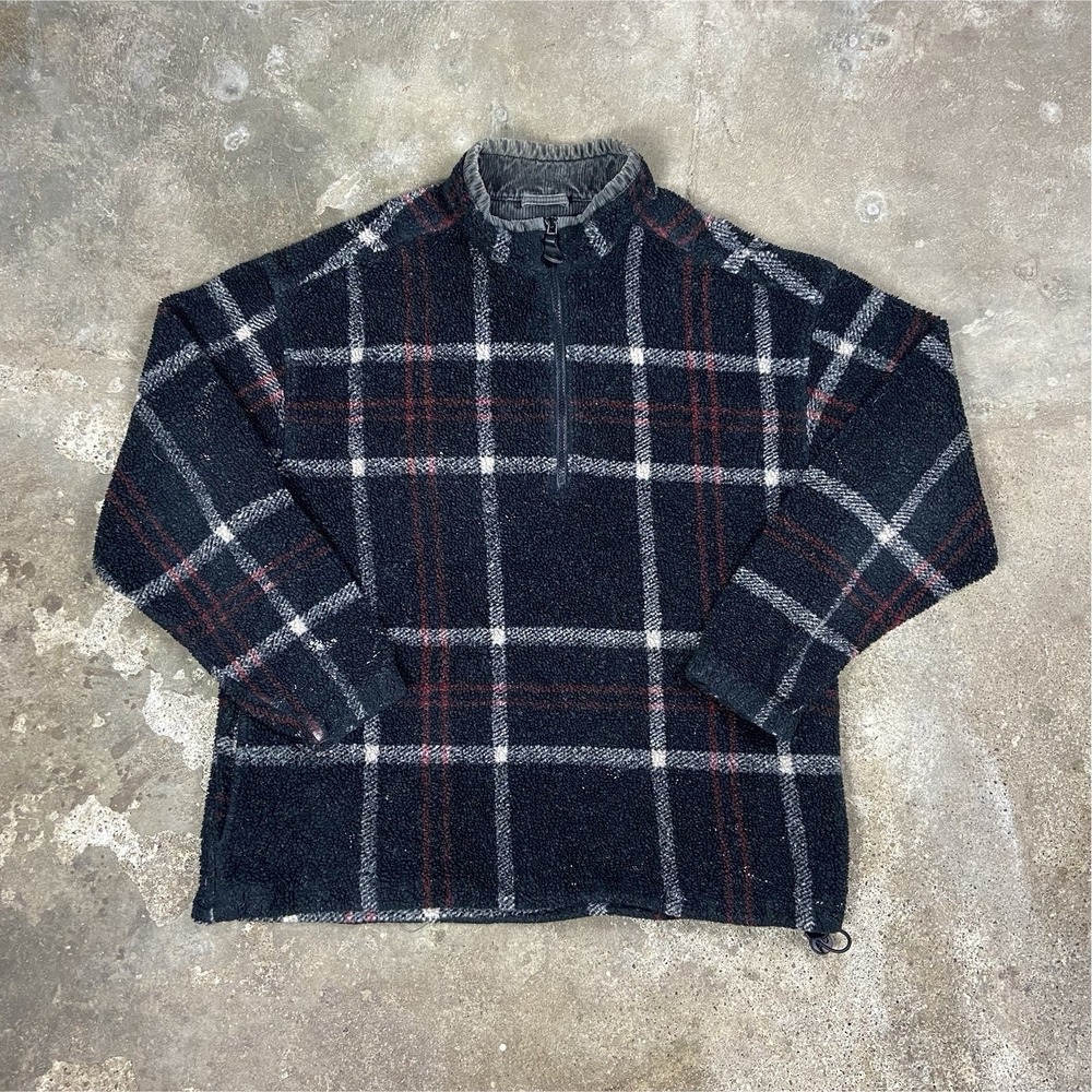 Vintage Eddie Bauer 1/4 Zip Pullover Size Medium Black Red Plaid Fleece Jacket